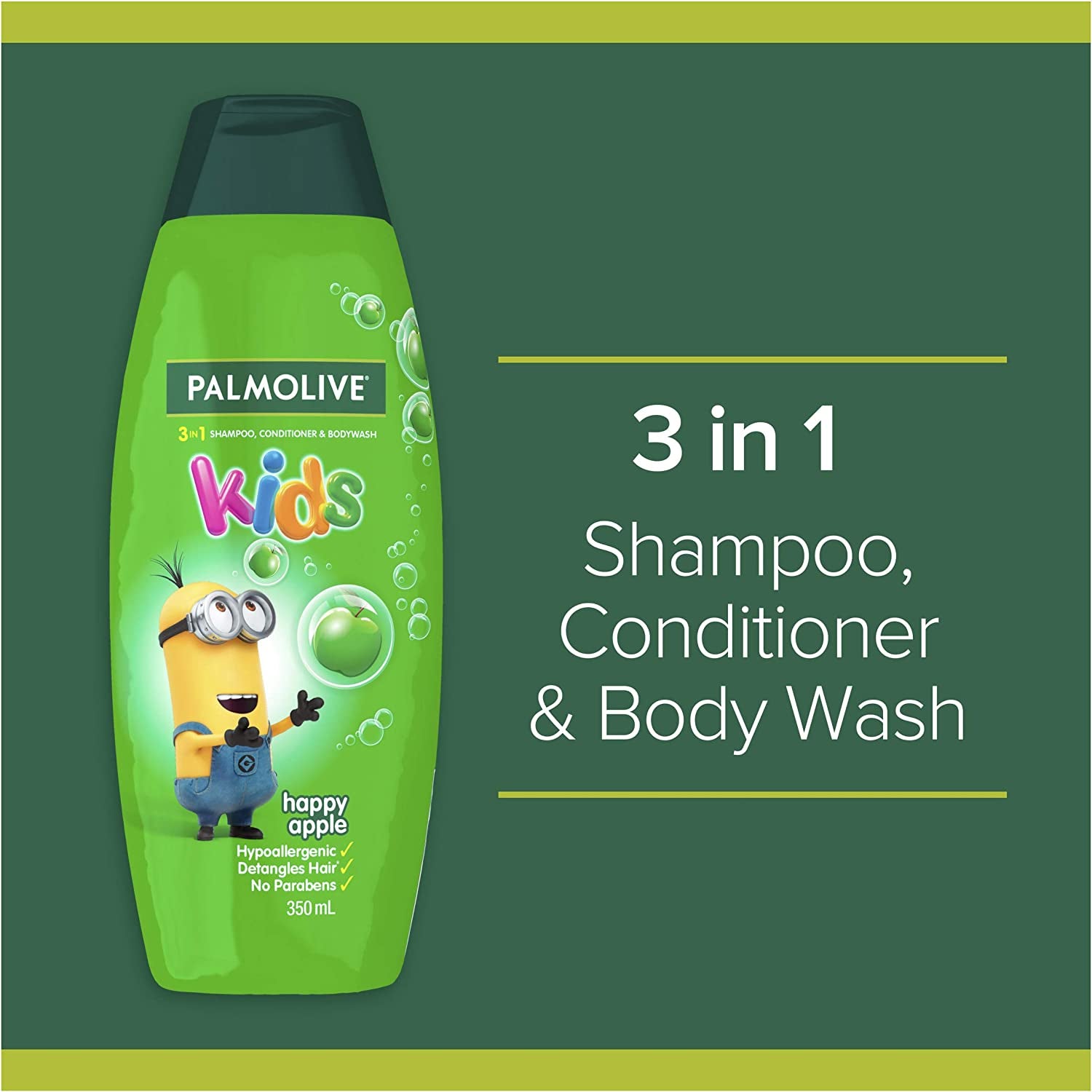 Kids 3 in 1 Hair Shampoo, Conditioner & Body Wash 350Ml, Minions Happy Apple, Hypoallergenic, Detangles Hair, No Parabens