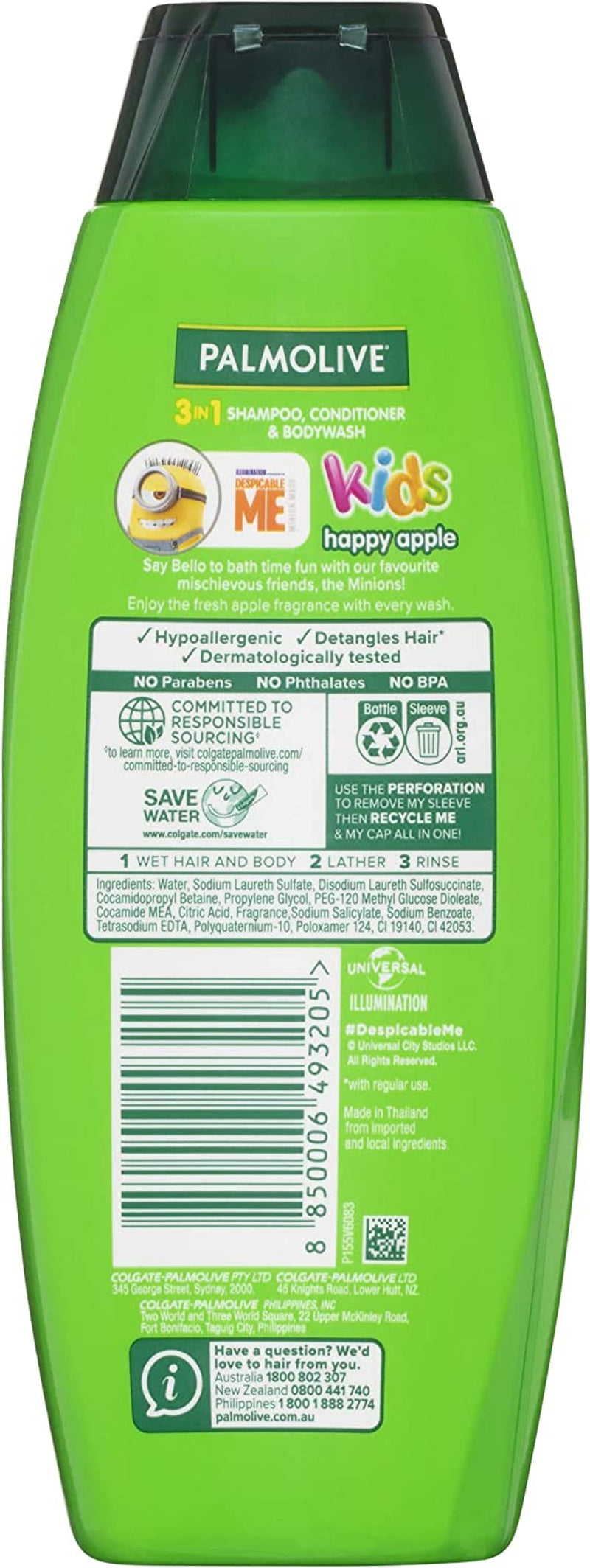 Kids 3 in 1 Hair Shampoo, Conditioner & Body Wash 350Ml, Minions Happy Apple, Hypoallergenic, Detangles Hair, No Parabens