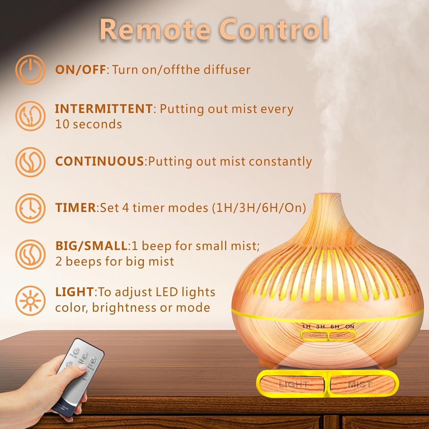 Essential Oil Diffuser, Sunfuny 550Ml Aroma Oil Diffuser with Remote Control, Aromatherapy Air Humidifier Ultrasonic Fragrance Vaporizer with LED Light for Home, Bedroom, Baby Room (Hollow Wood Grain)