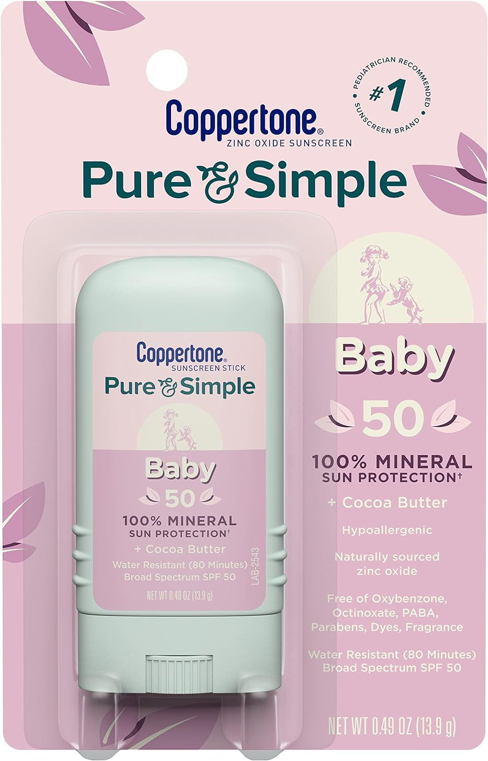 Pure and Simple Baby Sunscreen Stick SPF 50, Zinc Oxide Mineral Sunscreen for Babies, Tear Free, Water Resistant, Broad Spectrum SPF 50 Sunscreen, 0.49 Oz Stick