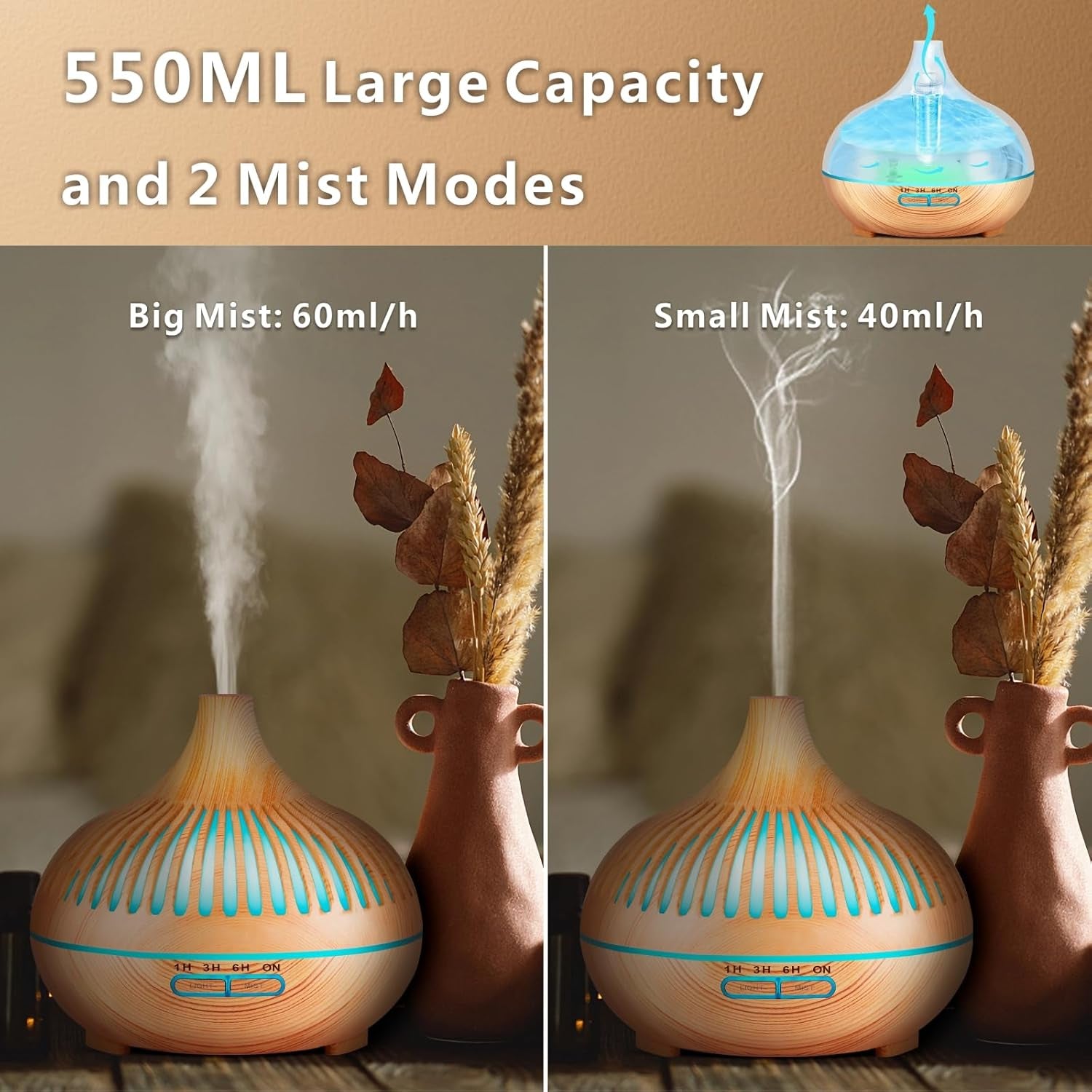 Essential Oil Diffuser, Sunfuny 550Ml Aroma Oil Diffuser with Remote Control, Aromatherapy Air Humidifier Ultrasonic Fragrance Vaporizer with LED Light for Home, Bedroom, Baby Room (Hollow Wood Grain)